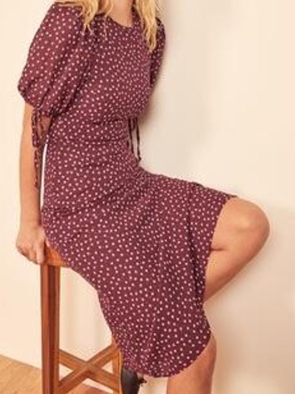 Reformation livie silk dress burgundy with polka dots